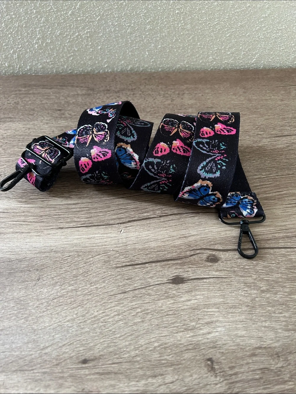 Adjustable Black Strap Replacement with Pink & Blue Butterfly Print